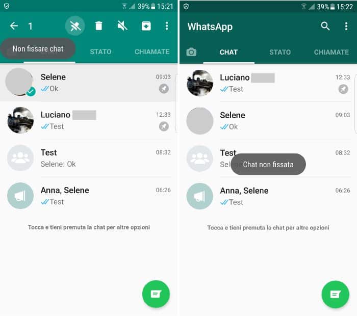 come non fissare chat WhatsApp con Android tasto Non fissare chat