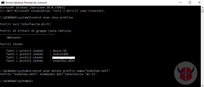 come dimenticare rete WiFi Windows 10 Prompt dei comandi