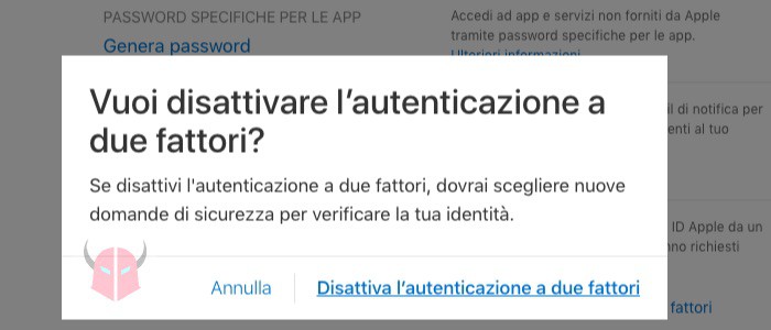 come disattivare autenticazione a due fattori ID Apple pannello di gestione account