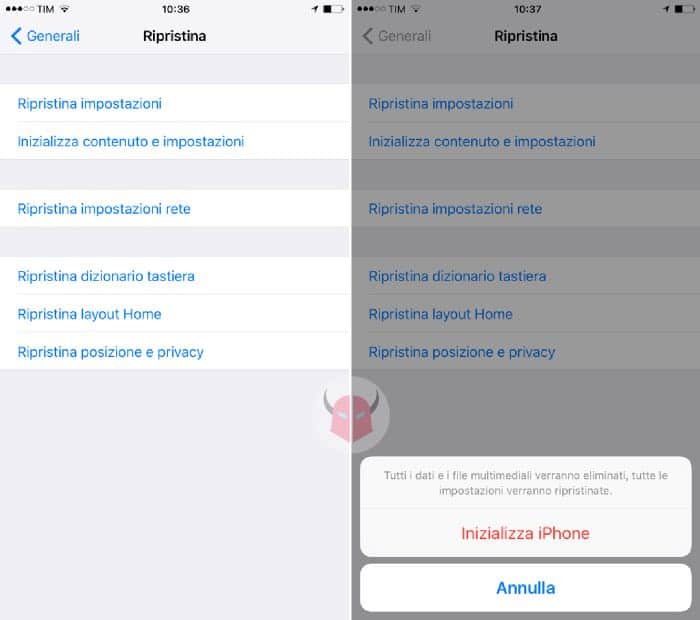 come inizializzare iPhone sezione Ripristina impostazioni iOS