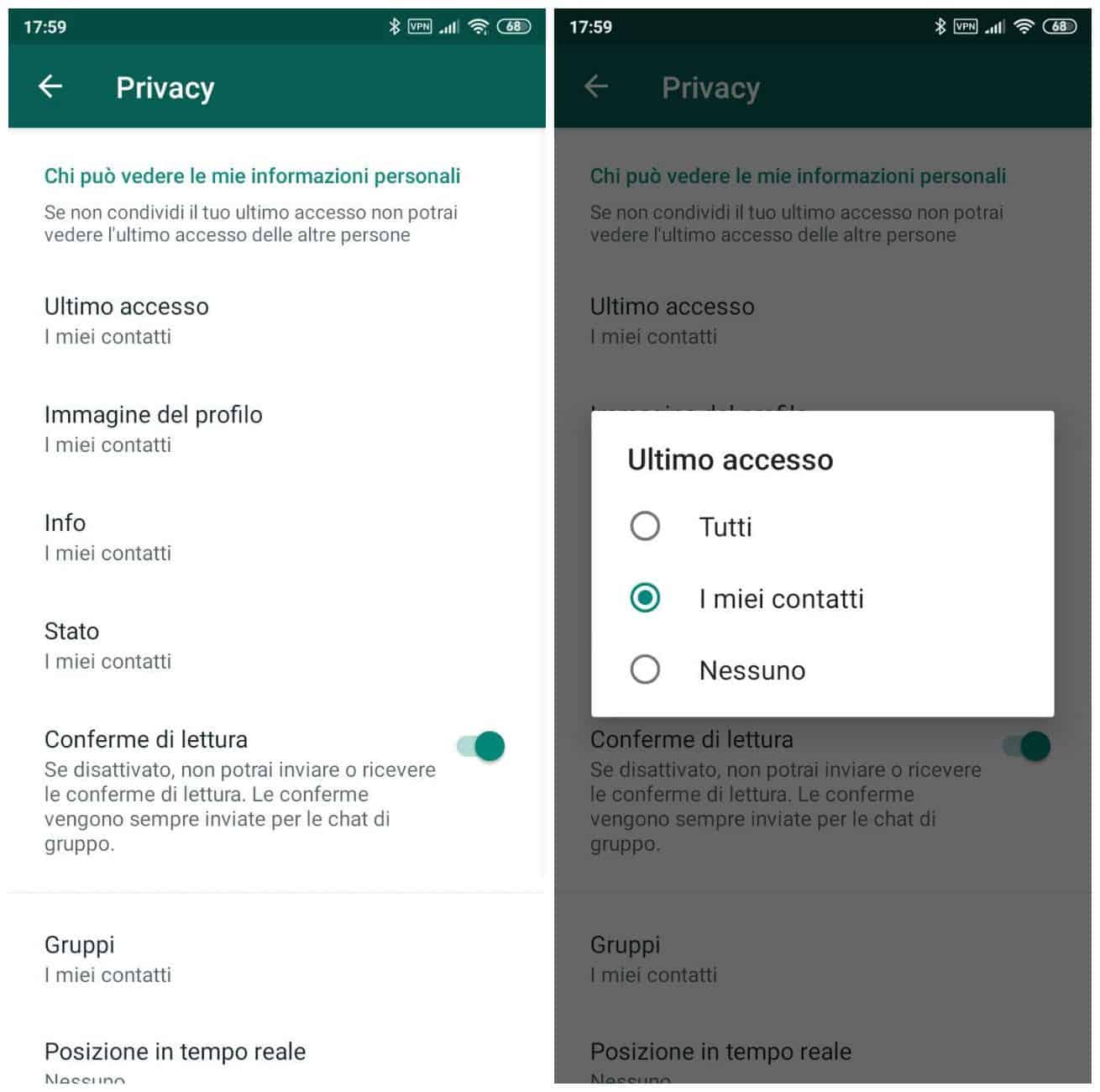 come nascondere ultimo accesso su WhatsApp opzione