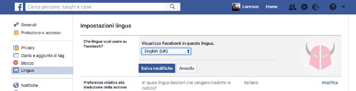 come cambiare lingua su Facebook interfaccia da italiano a inglese