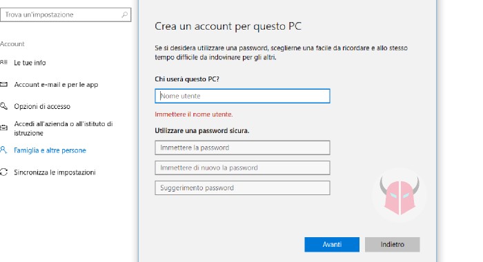 come creare account locale su Windows 10 Impostazioni di sistema