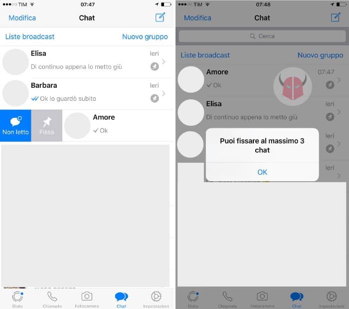 come fissare chat WhatsApp con iPhone opzione Fissa