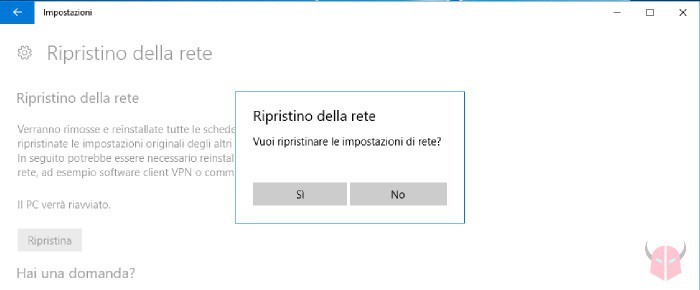 come ripristinare impostazioni di rete Windows 10 opzione Ripristino della rete