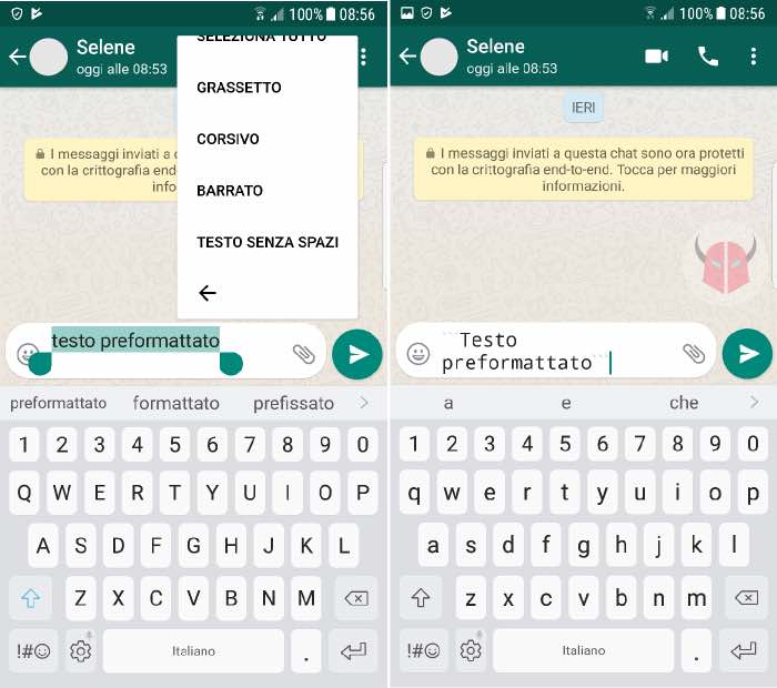 come scrivere in Monospace su WhatsApp con Android cambio Font Testo senza spazi