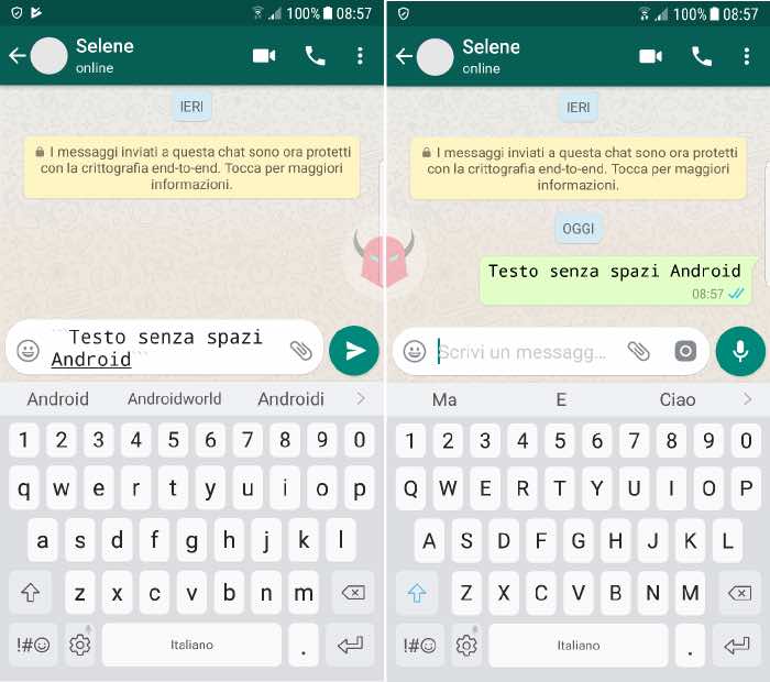 come scrivere in Monospace su WhatsApp con Android codici Monospace