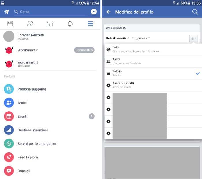 come nascondere compleanno Facebook Android