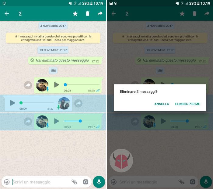 come cancellare messaggi WhatsApp per te stesso