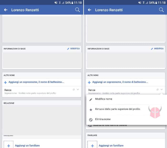 come togliere nome tra parentesi Facebook Android
