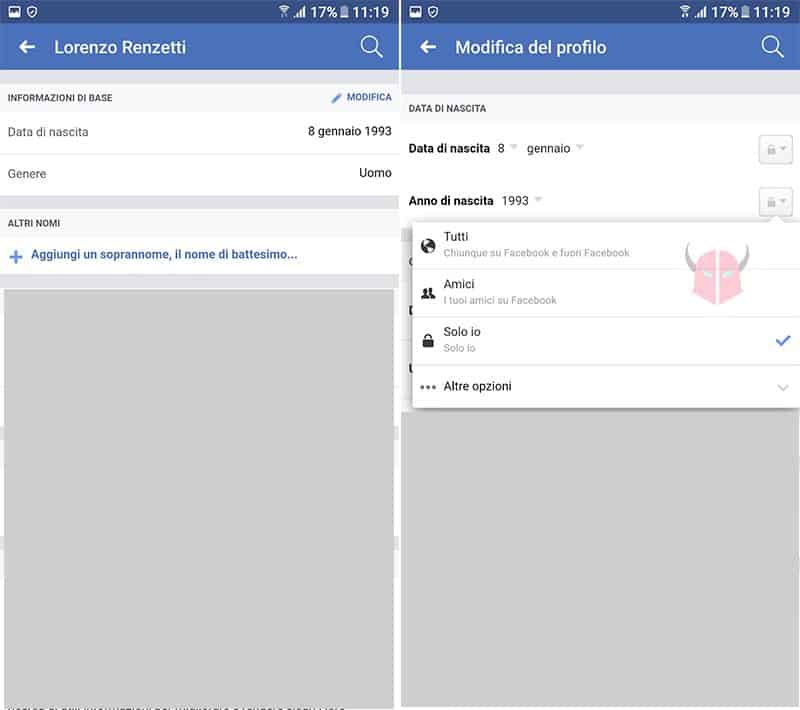 come nascondere data di nascita Facebook Android