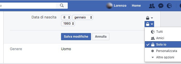 come nascondere data di nascita Facebook PC