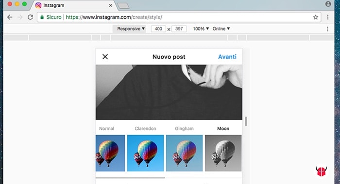 come caricare foto su Instagram da PC modalità dispositivo Chrome