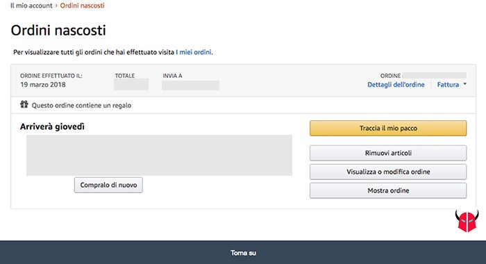 come vedere ordini nascosti su Amazon ordine nascosto