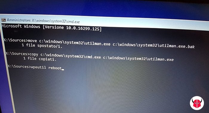 come bypassare password amministratore Windows 10 cambio utilman cmd