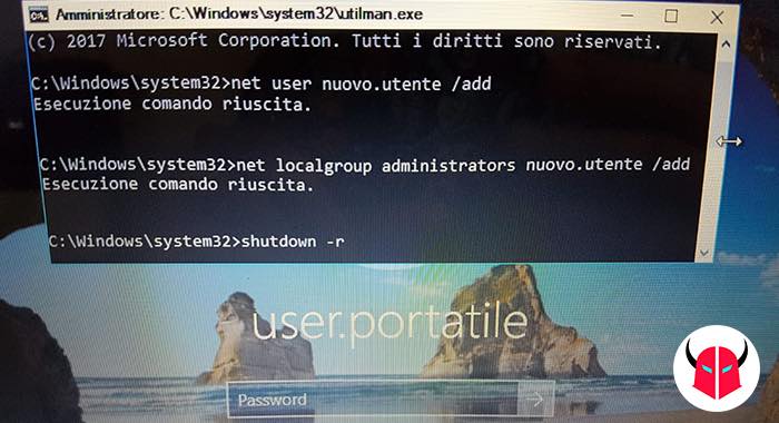 come bypassare password amministratore Windows 10 nuovo amministratore cmd