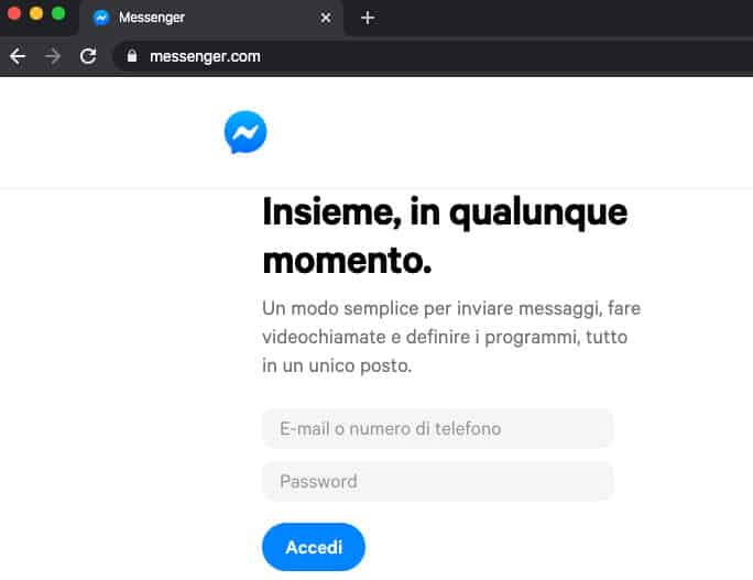 come capire se ti hanno bloccato su Messenger schermata accesso Messenger Web