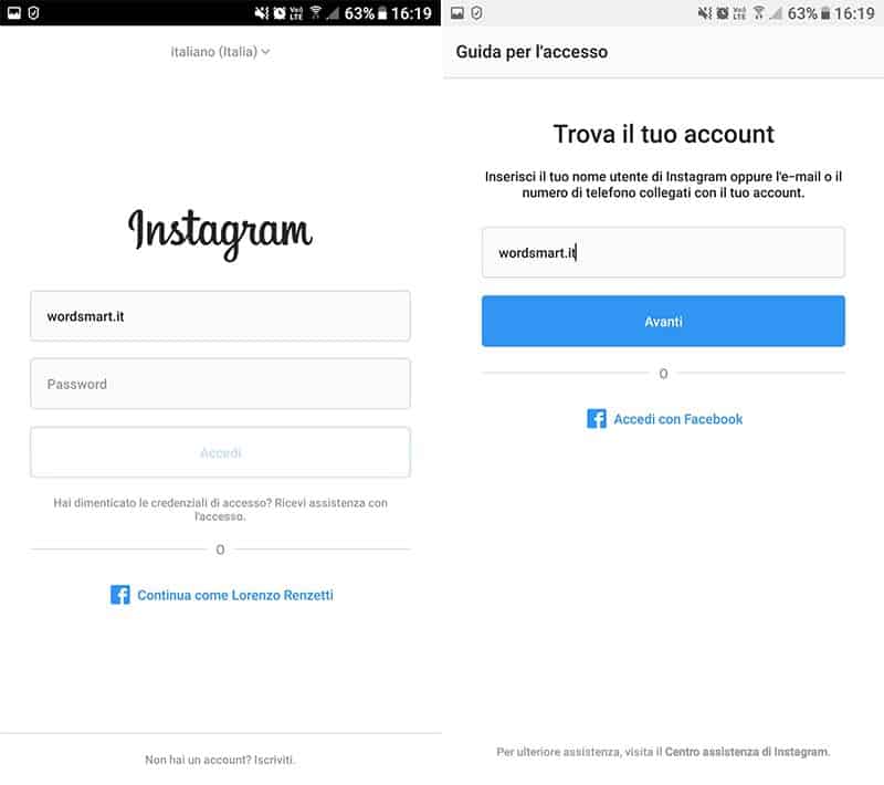 come accedere a Instagram senza password recupero account