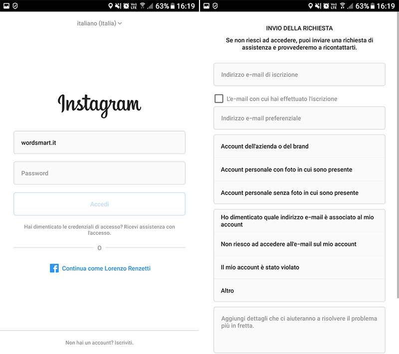 come accedere a Instagram senza password richiesta supporto