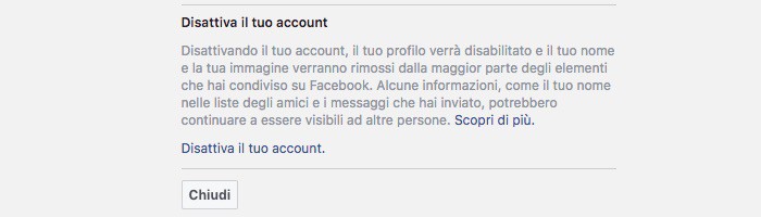 come cancellare messaggi Messenger destinatario disattivazione account