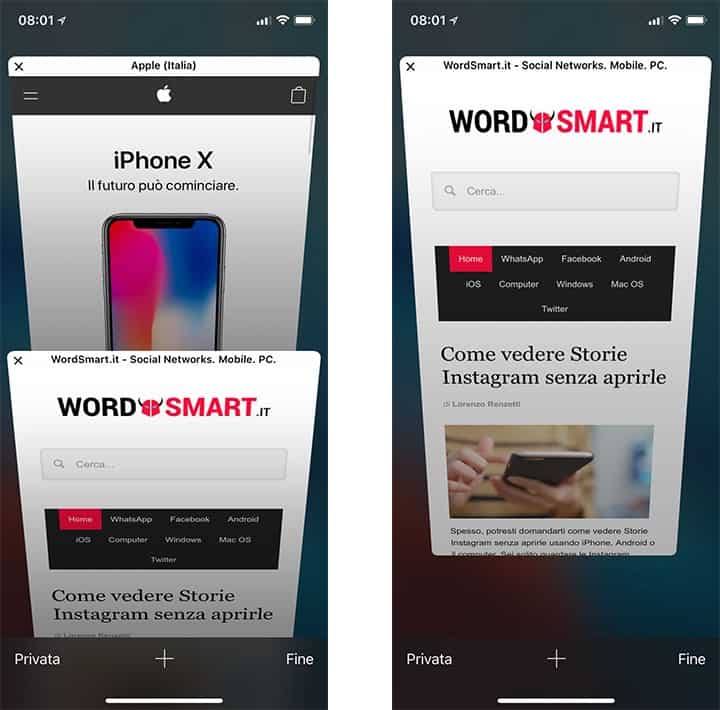 come chiudere schede iPhone X browser