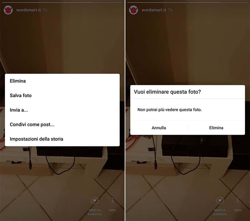 come cancellare Storie Instagram eliminazione