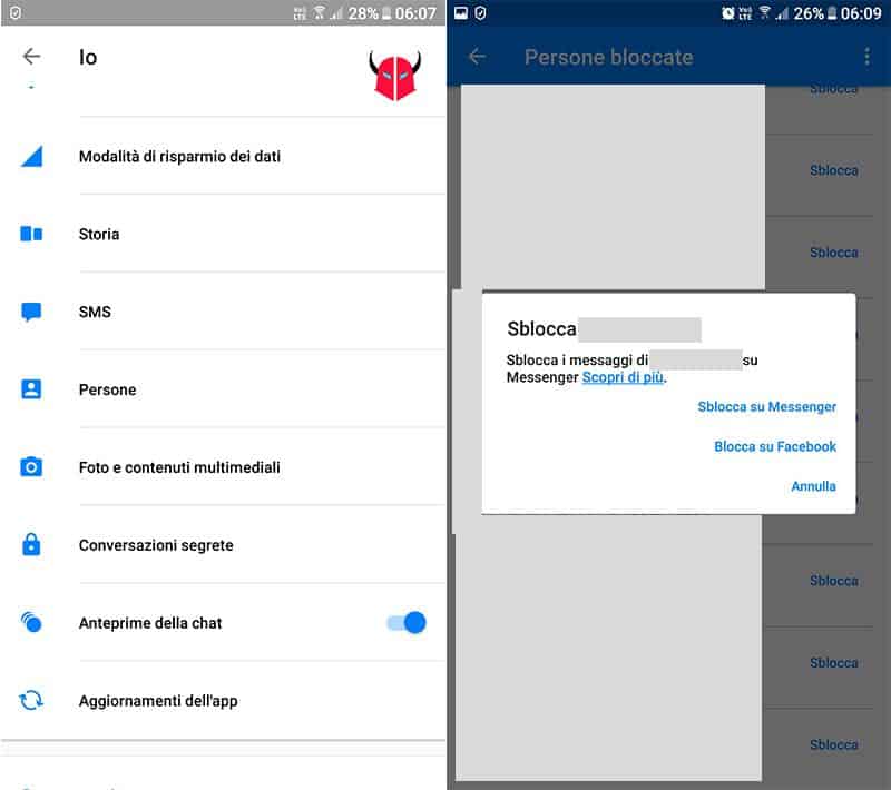 come sbloccare una persona su Messenger persone bloccate