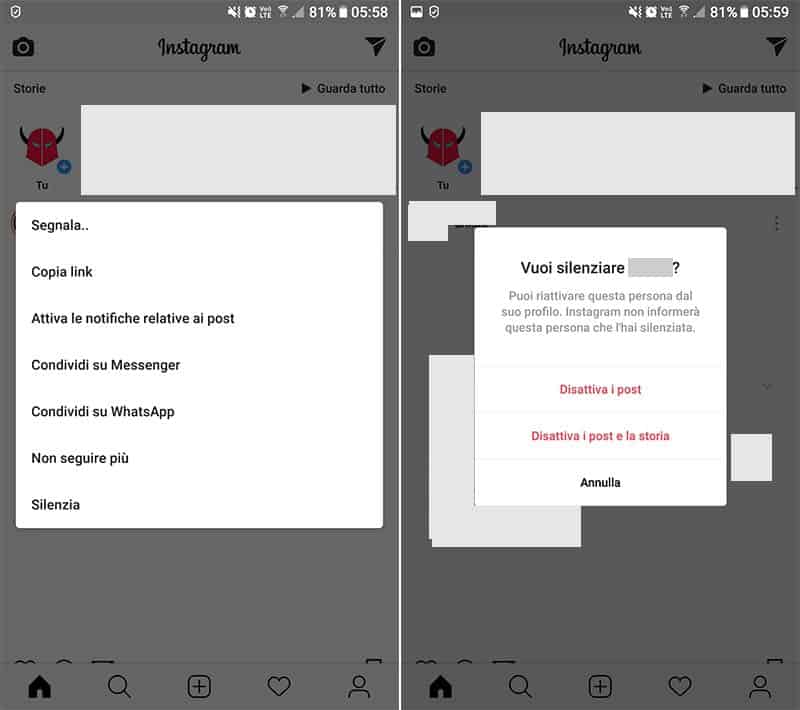 come silenziare post Instagram opzione Silenzia