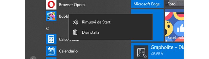come disinstallare un programma da Windows 10 menu Start