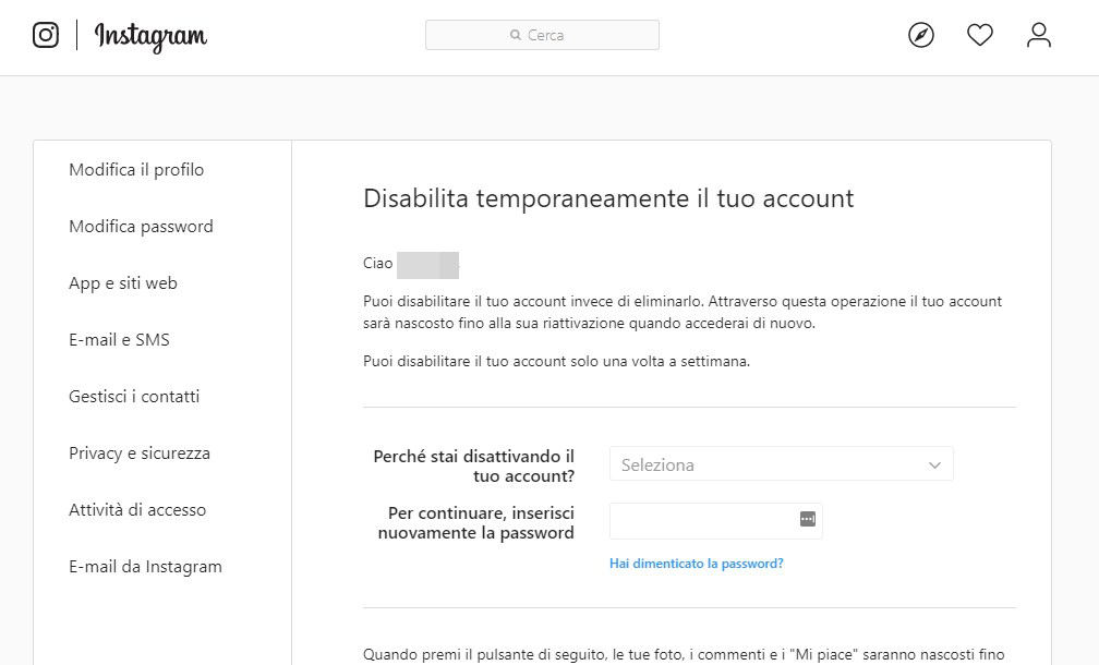 come eliminare un account Instagram disattivazione temporanea