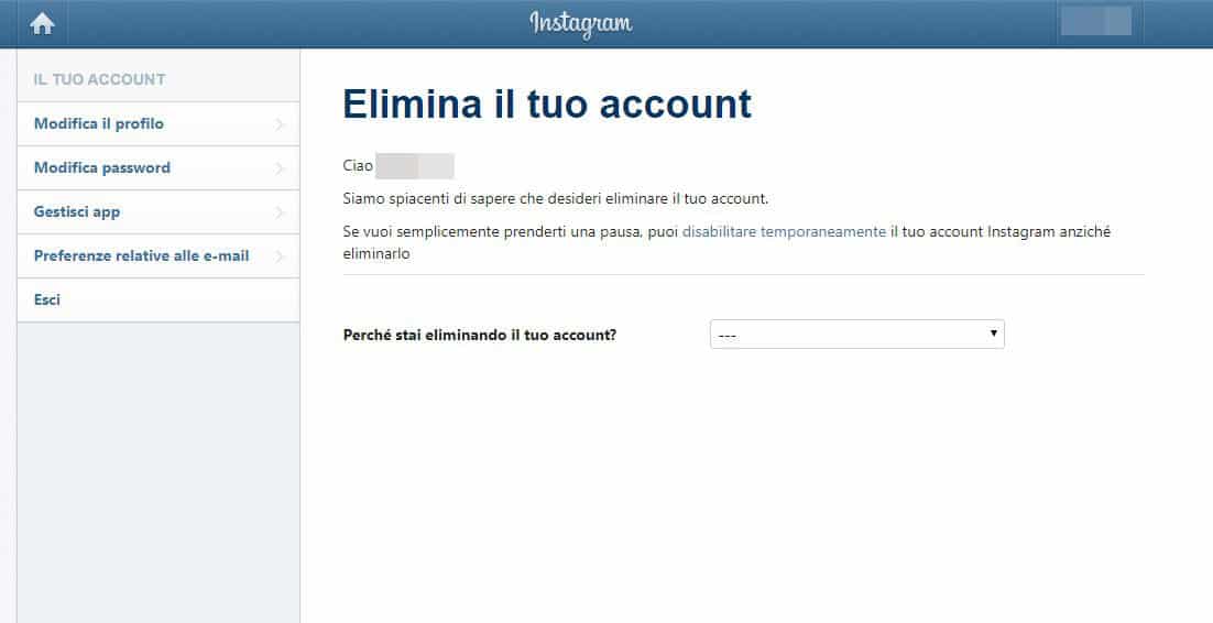 come eliminare un account Instagram motivazione