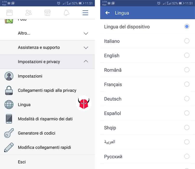 come ripristinare Facebook in italiano Android
