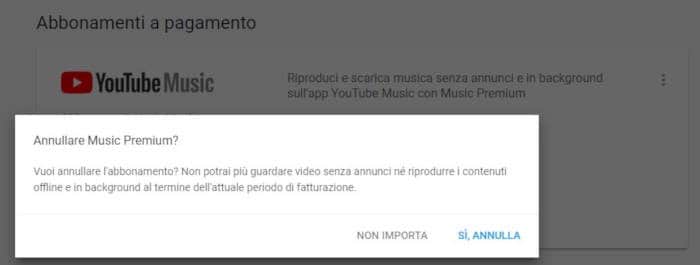 come annullare abbonamento YouTube Music conferma disattivazione