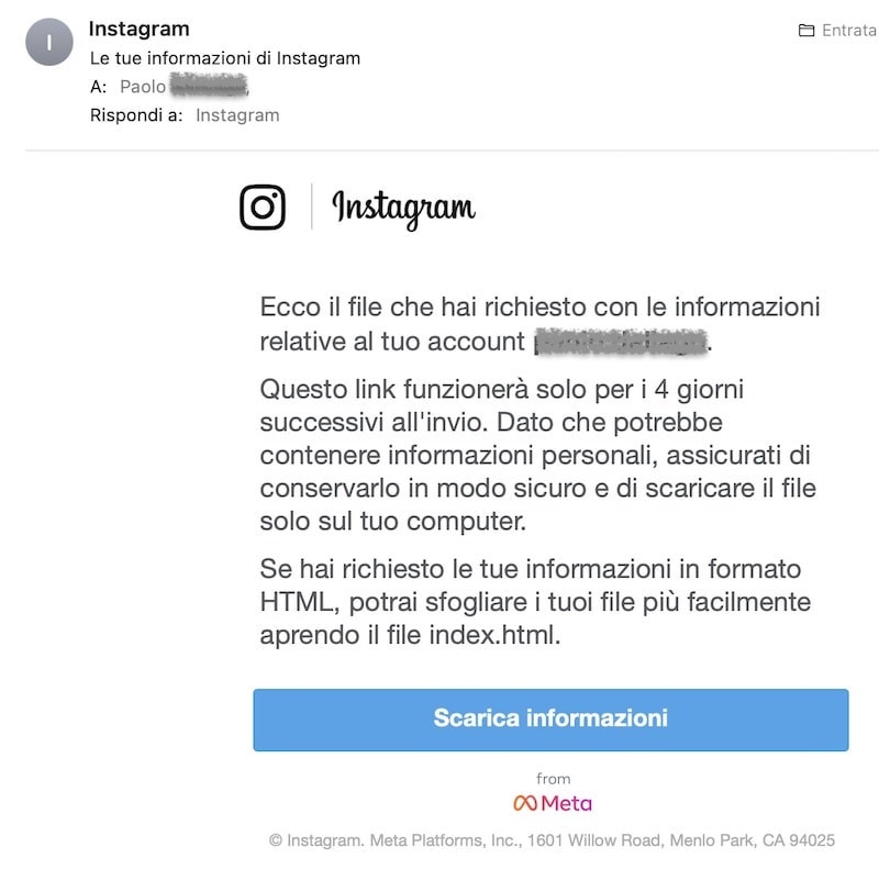 email con dati instagram da scaricare