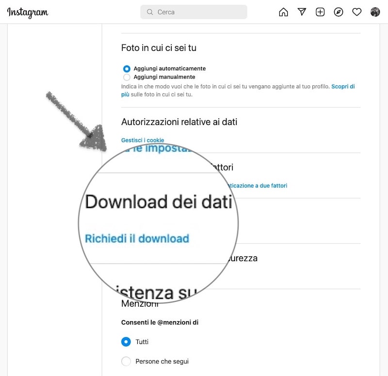richiedi download dati da instagram