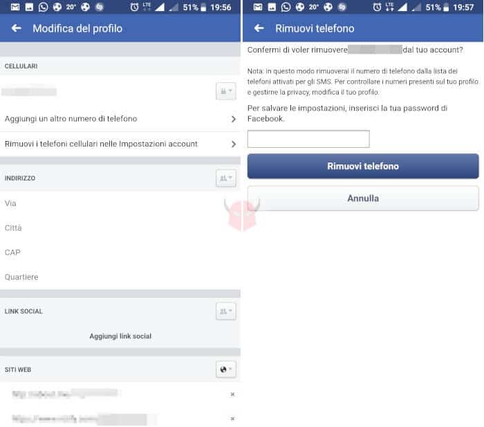 come togliere numero di telefono da Facebook smartphone