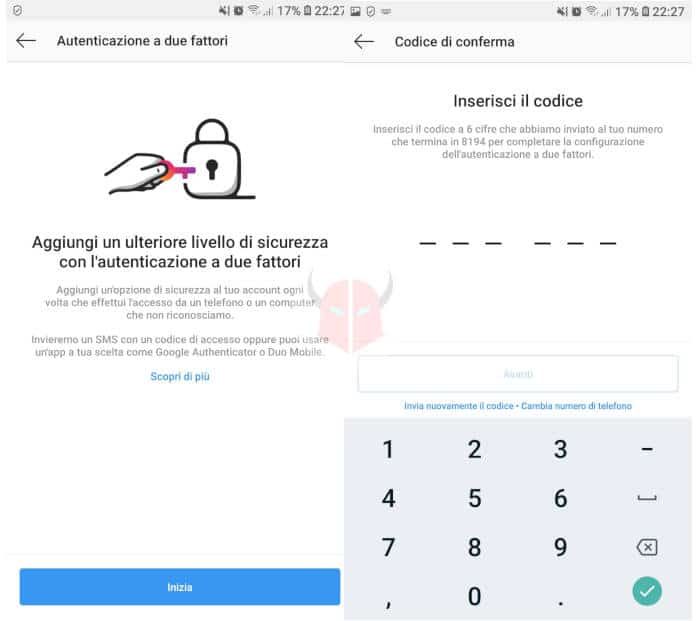 come attivare autenticazione a due fattori Instagram SMS