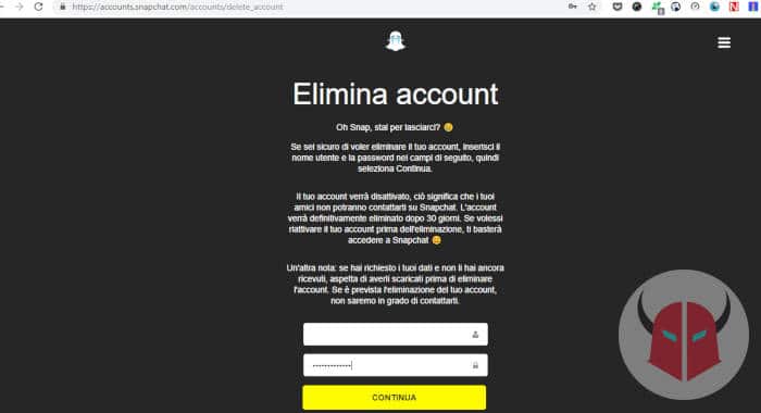 come cancellare account Snapchat eliminazione definitiva PC