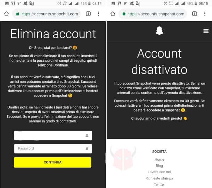 come cancellare account Snapchat eliminazione definitiva smartphone