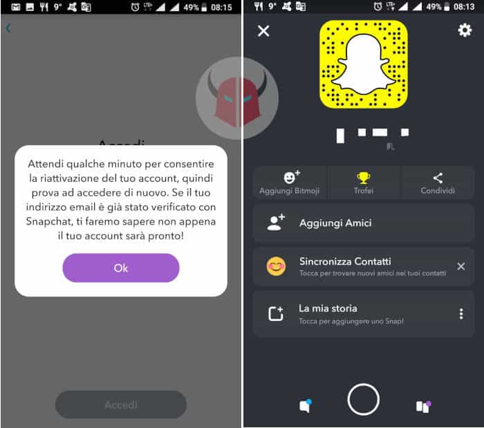 come cancellare account Snapchat riattivazione