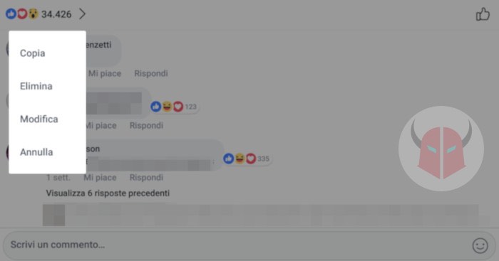 come eliminare commenti Facebook di testo