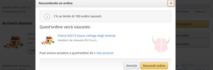 come nascondere ordine Amazon opzione Nascondi ordine