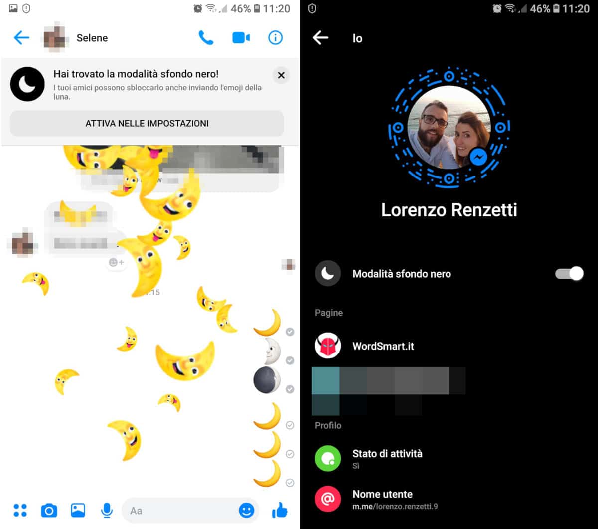 come attivare modalità scura su Facebook Messenger emoji luna