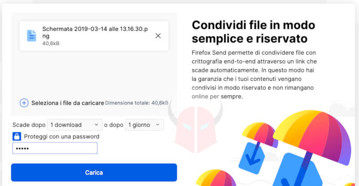 come funziona Firefox Send caricamento file