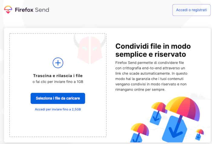 come funziona Firefox Send schermata iniziale