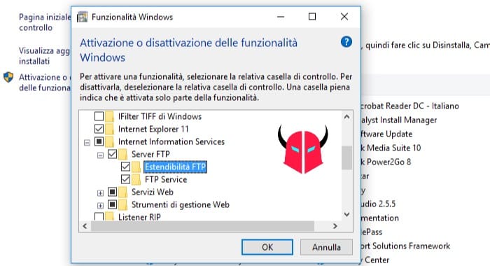 creare server FTP Windows 10 attivazione funzionalità IIS