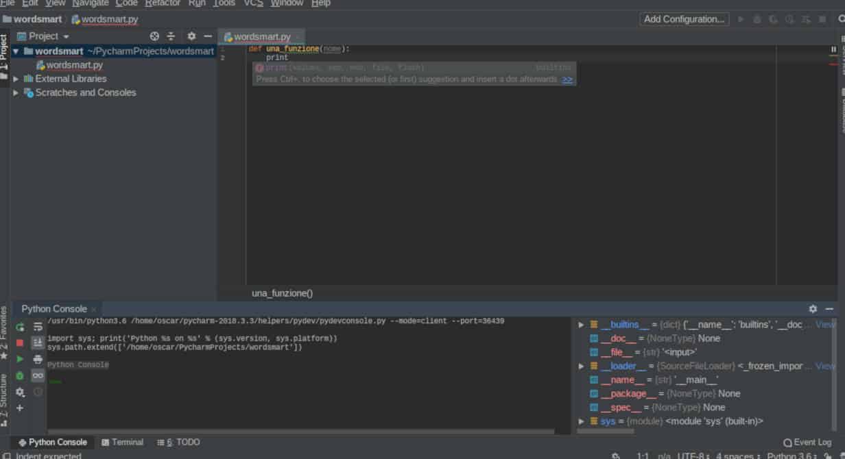 programmi per programmare in Python Pycharm print suggerimenti