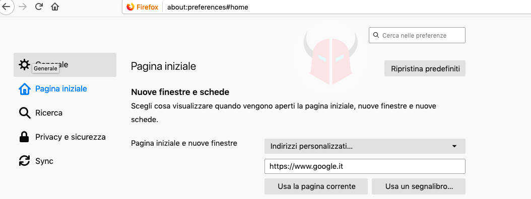 come cambiare pagina iniziale Mozilla Firefox