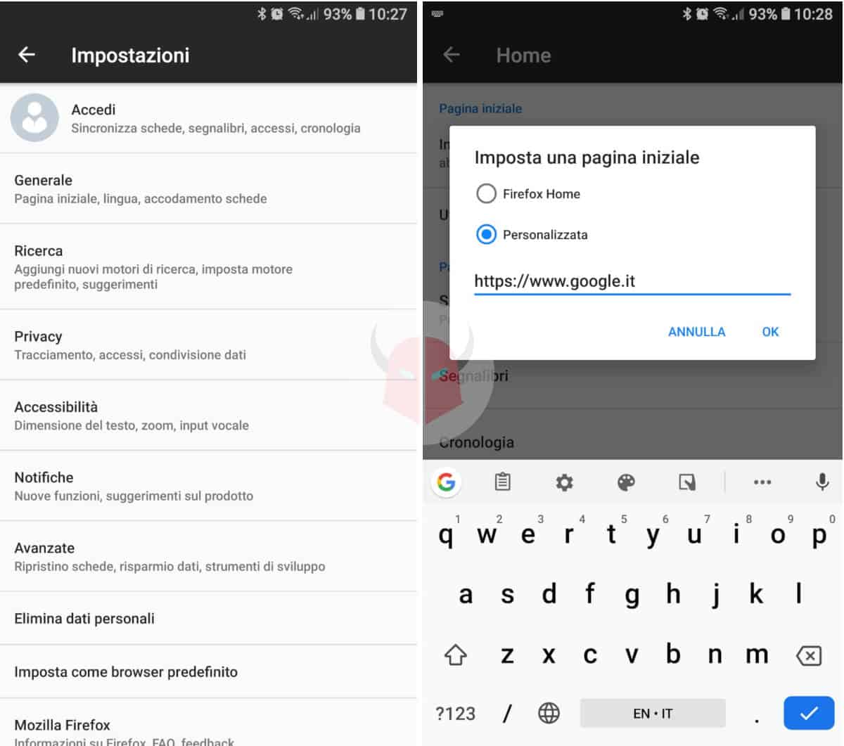 come cambiare pagina iniziale app Firefox