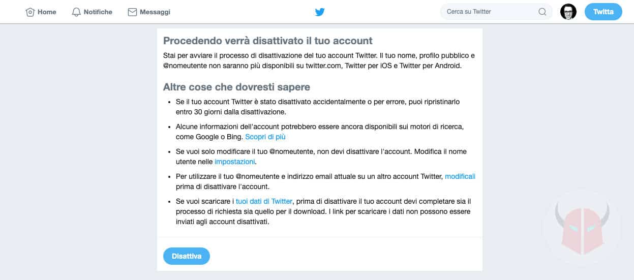 come cancellarsi da Twitter disattivazione account PC